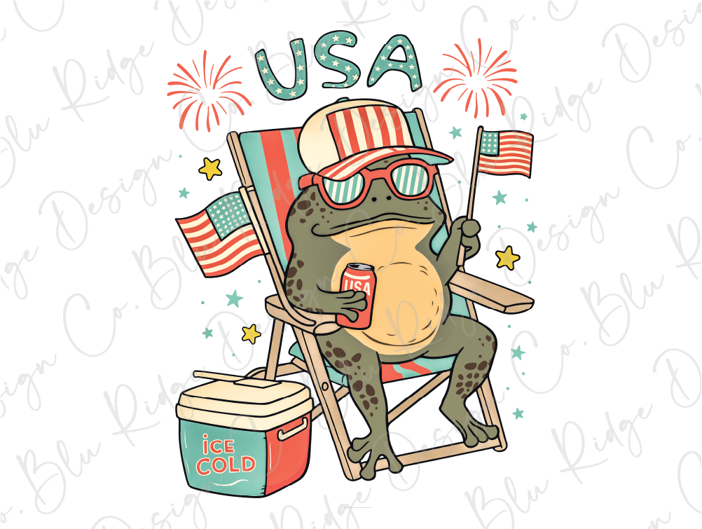 a frog sitting in a lawn chair with a cooler