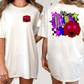 two different views of a white t-shirt with a colorful graphic design on the back.