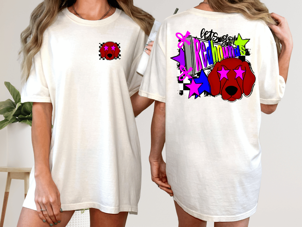 two different views of a white t-shirt with a colorful graphic design on the back.