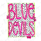 the text "BLUE DEVILS" in a bold, pink font against a background of black and white polka dots.