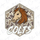 A stylized illustration of a horse's head with a camouflage pattern, accompanied by the word "COLTS" written below it.