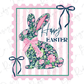 A floral Easter bunny with a pink bow, surrounded by pink and green stripes and bows, with the text "Happy Easter" displayed.