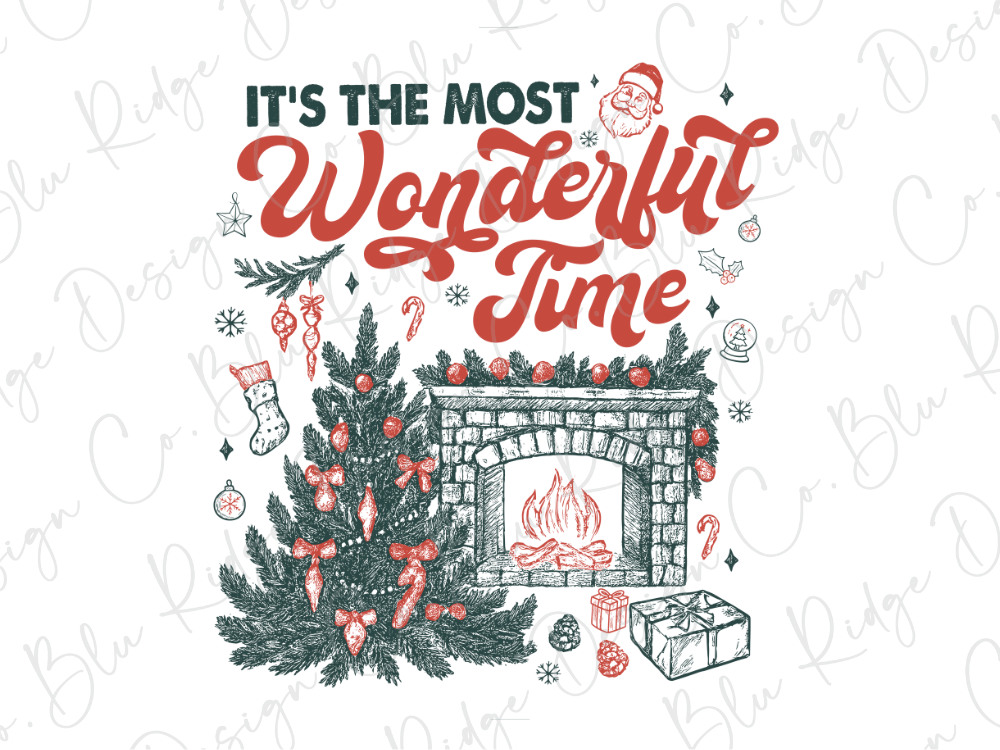 The image is a Christmas-themed illustration featuring a decorated Christmas tree, a fireplace, and various holiday-related elements such as ornaments, stockings, and presents.