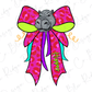 A colorful bow with a hippopotamus head on it, featuring a pink and green pattern.