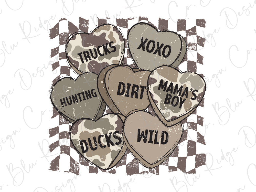 A collection of heart-shaped objects with various text written on them, arranged in a checkered pattern.