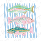 three colorful fish swimming in a patterned blue and white background.