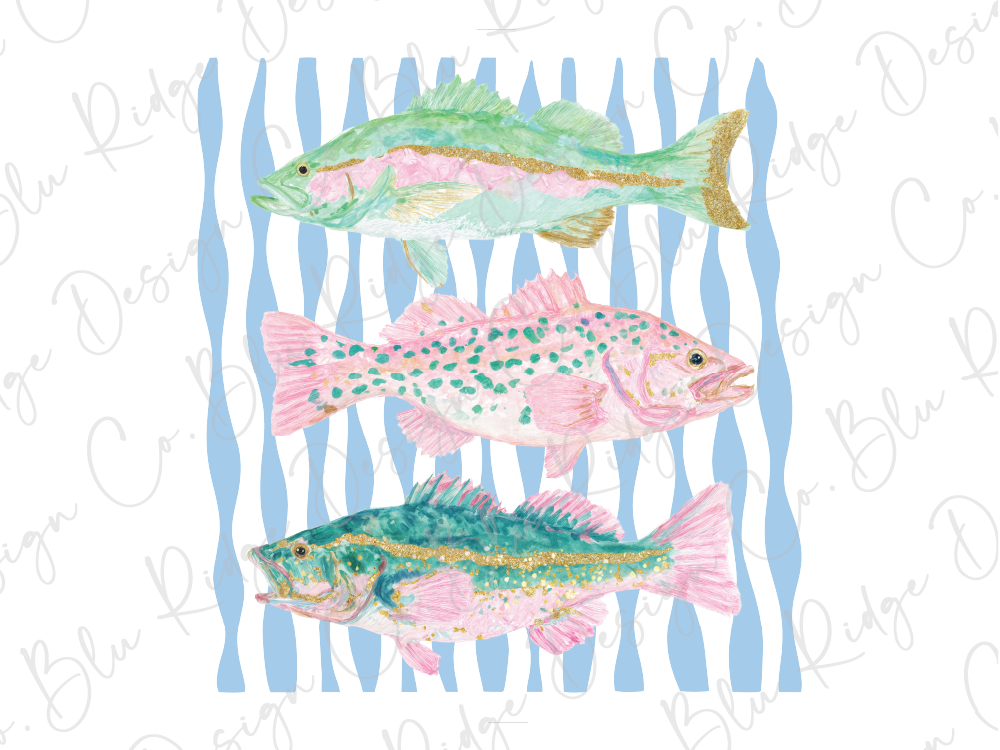 three colorful fish swimming in a patterned blue and white background.