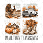 The image is a collage of four pictures depicting various elements of small town Thanksgiving, including a turkey, a pickup truck, pumpkins, and boots.