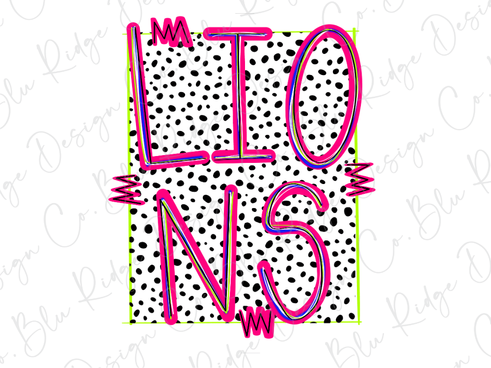 A graphic design featuring the word "LIONS" in a bold, pink font against a background of black and white polka dots.