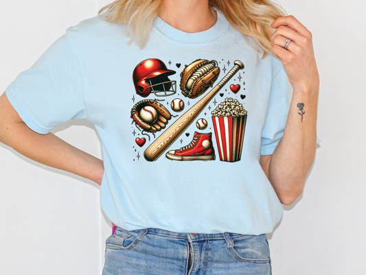 a woman wearing a t - shirt with a baseball theme