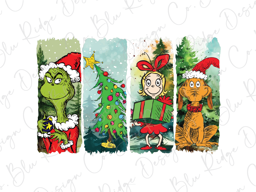 a set of four christmas bookmarks with cartoon characters