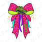 A cartoon illustration of a green alligator wearing a pink and green bow with the word "Gators" written on it.