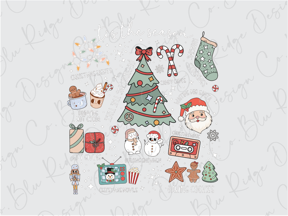 a christmas card with a christmas tree, stockings, stockings and other items