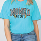 a woman wearing a blue t - shirt with the word married on it
