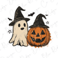 A ghost and a jack-o-lantern are depicted in the image, surrounded by bats and stars, creating a Halloween-themed scene.