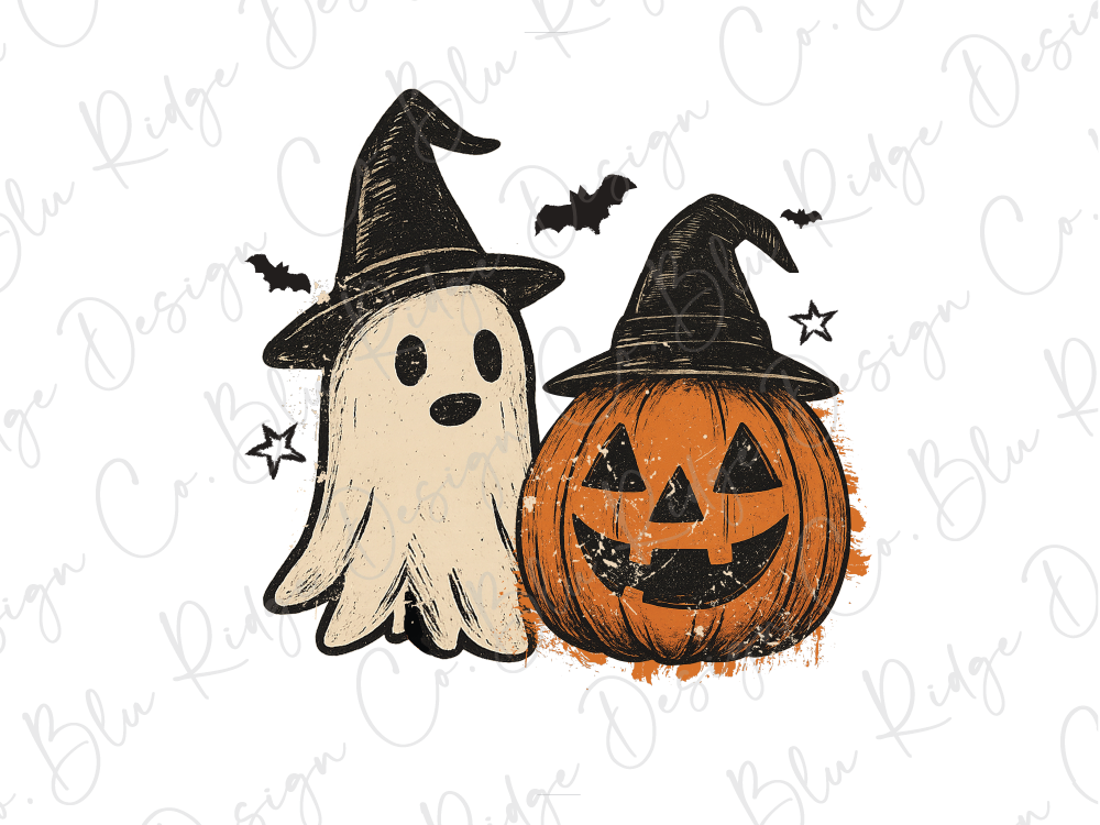 A ghost and a jack-o-lantern are depicted in the image, surrounded by bats and stars, creating a Halloween-themed scene.