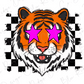 A stylized illustration of a tiger's face with pink star-shaped eyes and a checkered background.