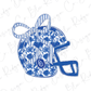 A blue and white floral patterned helmet with a bow tie, against a white background with repeated cursive text.