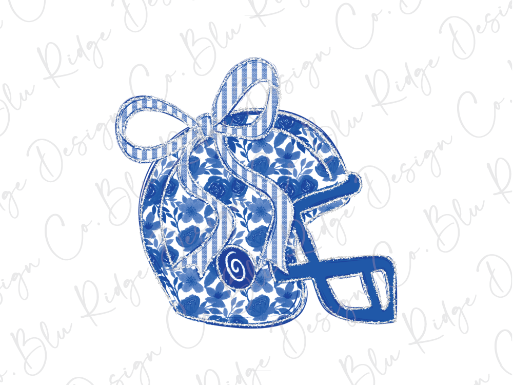 A blue and white floral patterned helmet with a bow tie, against a white background with repeated cursive text.