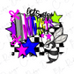 A colorful and stylized graphic design featuring a bee-like character surrounded by various shapes, including stars, lines, and text.