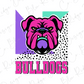 a bold and colorful illustration of a bulldog, with the word "Bulldogs" prominently displayed below it.