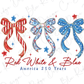 three decorative bows in red, white, and blue, along with stars and a starburst pattern, and the text "Red White & Blue America 250 Years" below them.