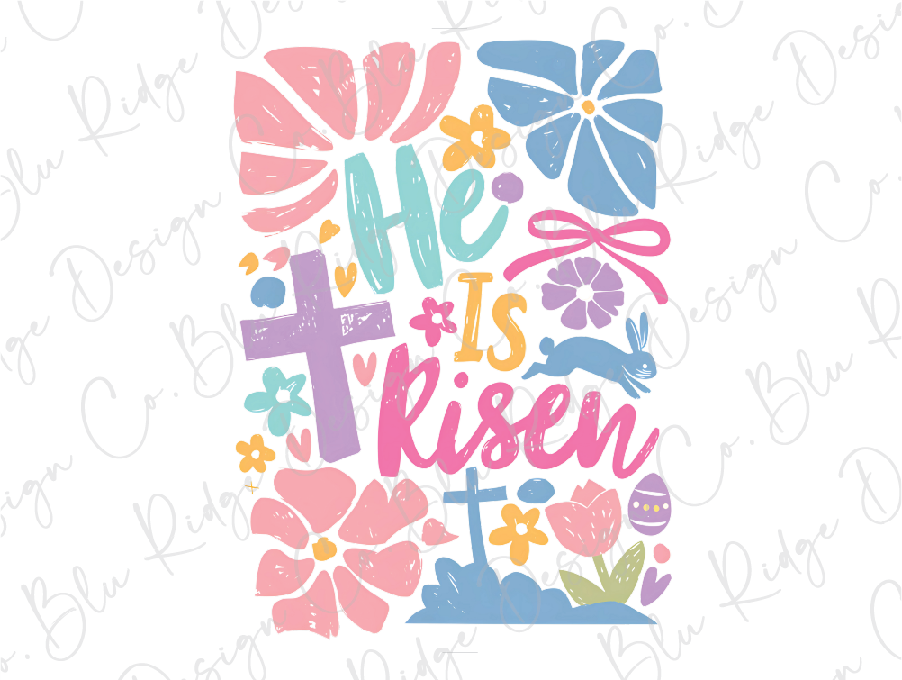 a cross and flowers with the words he is risen