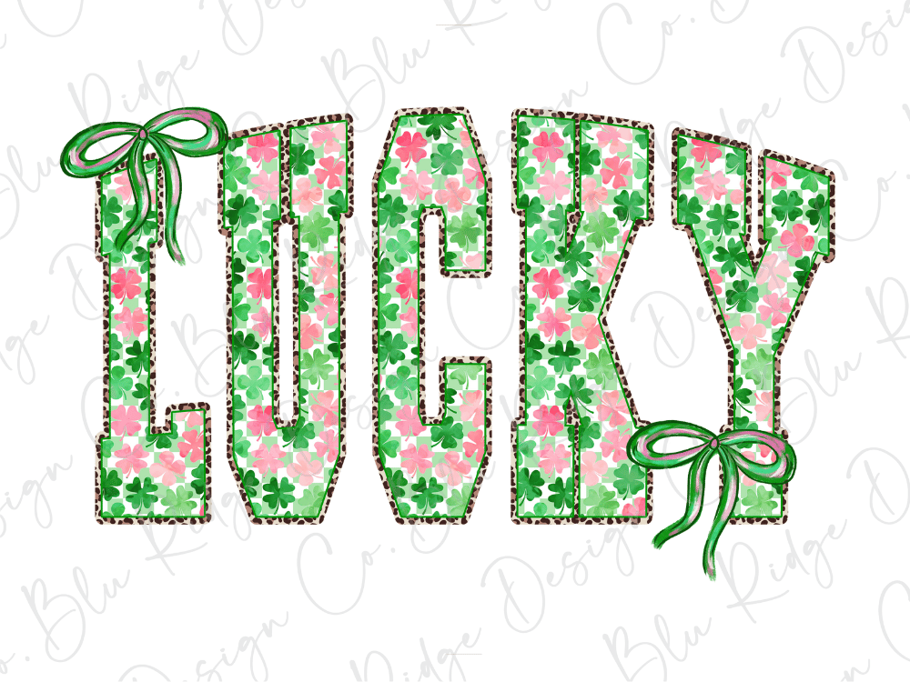 the word "Lucky" made up of green leaves and flowers, with two green bows on either side of the word.