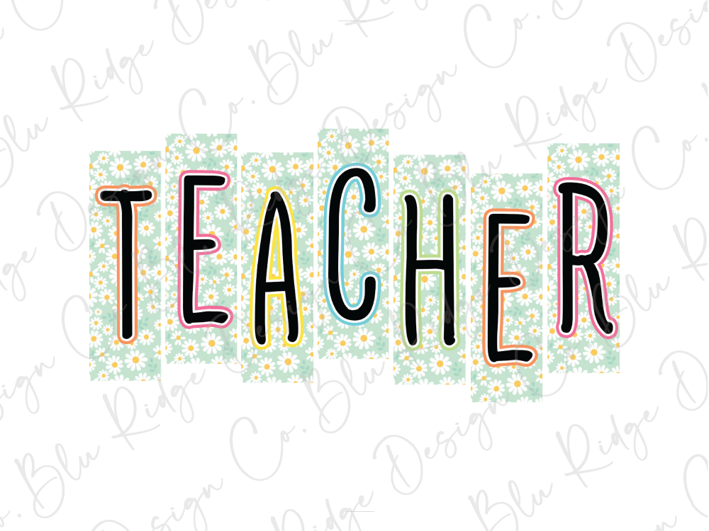 the word "TEACHER" in a colorful, stylized font with a floral pattern surrounding it.
