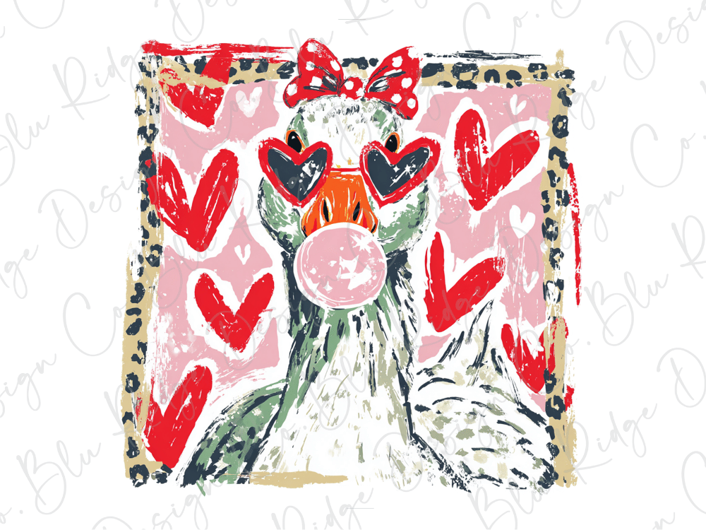 A whimsical illustration of a duck wearing sunglasses and a bow, surrounded by hearts and leopard print elements.