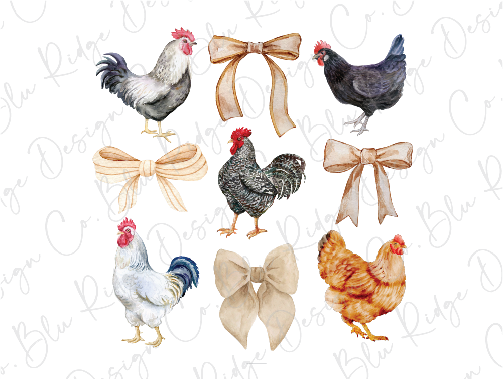 a bunch of chickens with bows on them