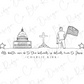 A black and white line drawing depicting a person holding an American flag, standing in front of a building, and a cross, with a quote attributed to Charlie Kirk.