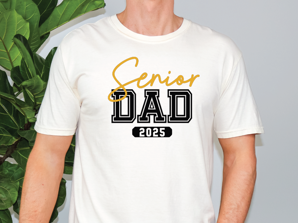 a man wearing a white shirt with the words senior dad printed on it