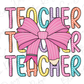 a teacher is wearing a pink bow