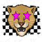 A cartoon-style illustration of a cat with pink star-shaped eyes and a checkered background.