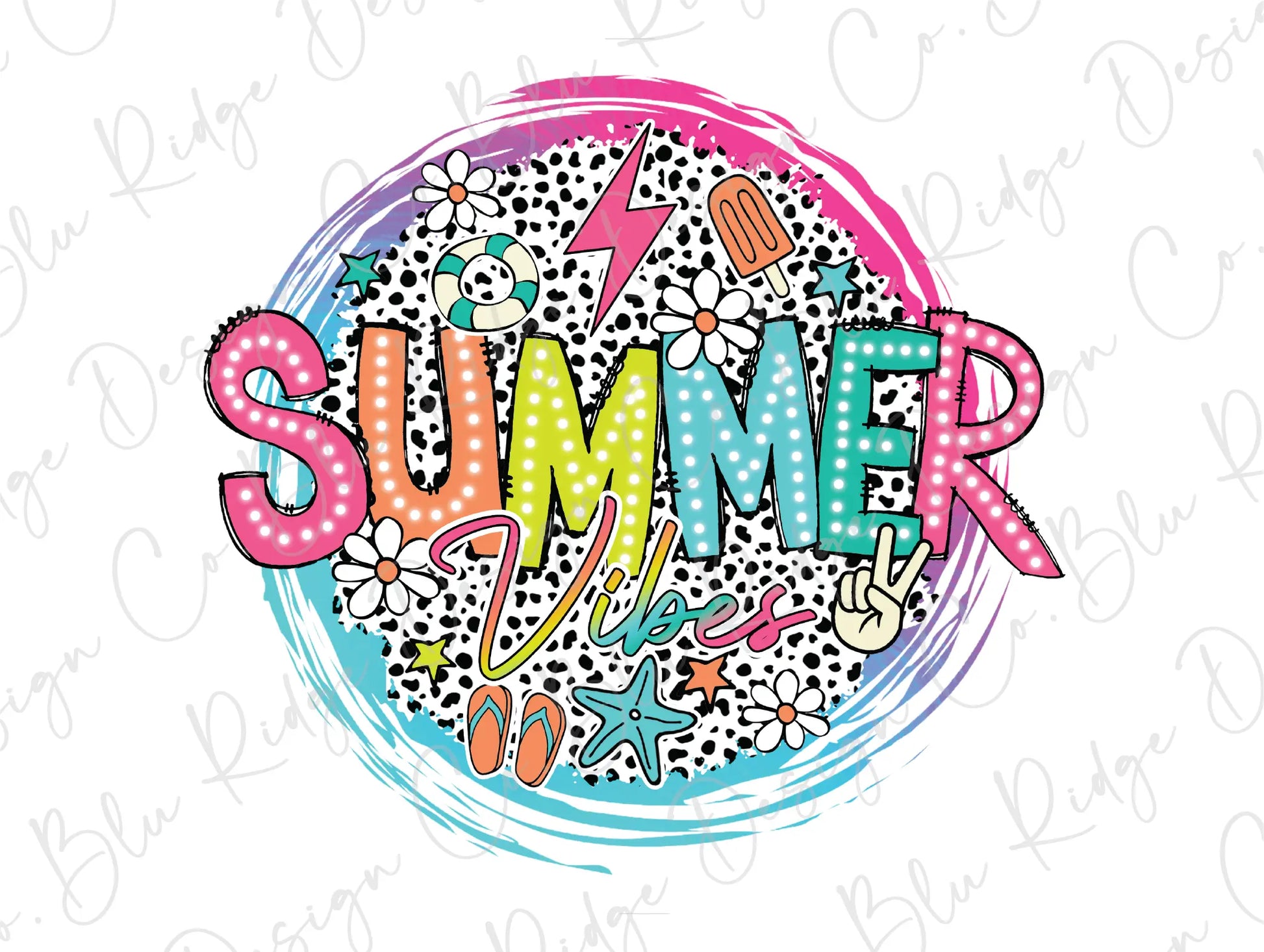 the word summer in a circle with polka dots