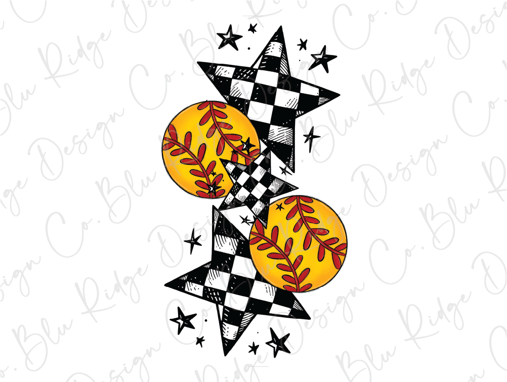 a black and white checkered pattern with stars and baseballs