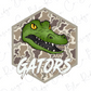 A stylized illustration of a green alligator head with the word "GATORS" written below it.