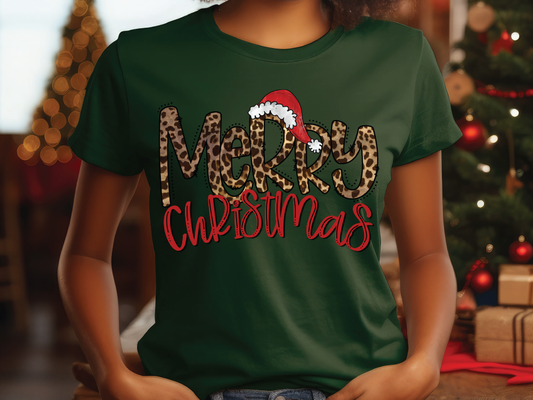 Merry Christmas Leopard Santa Hat Graphic T-Shirt