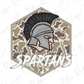 a helmet with a plume and the word "SPARTANS" written below it.
