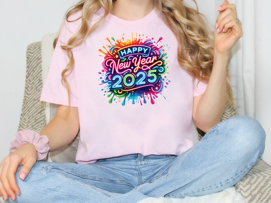 a woman sitting on a couch wearing a happy new year t - shirt