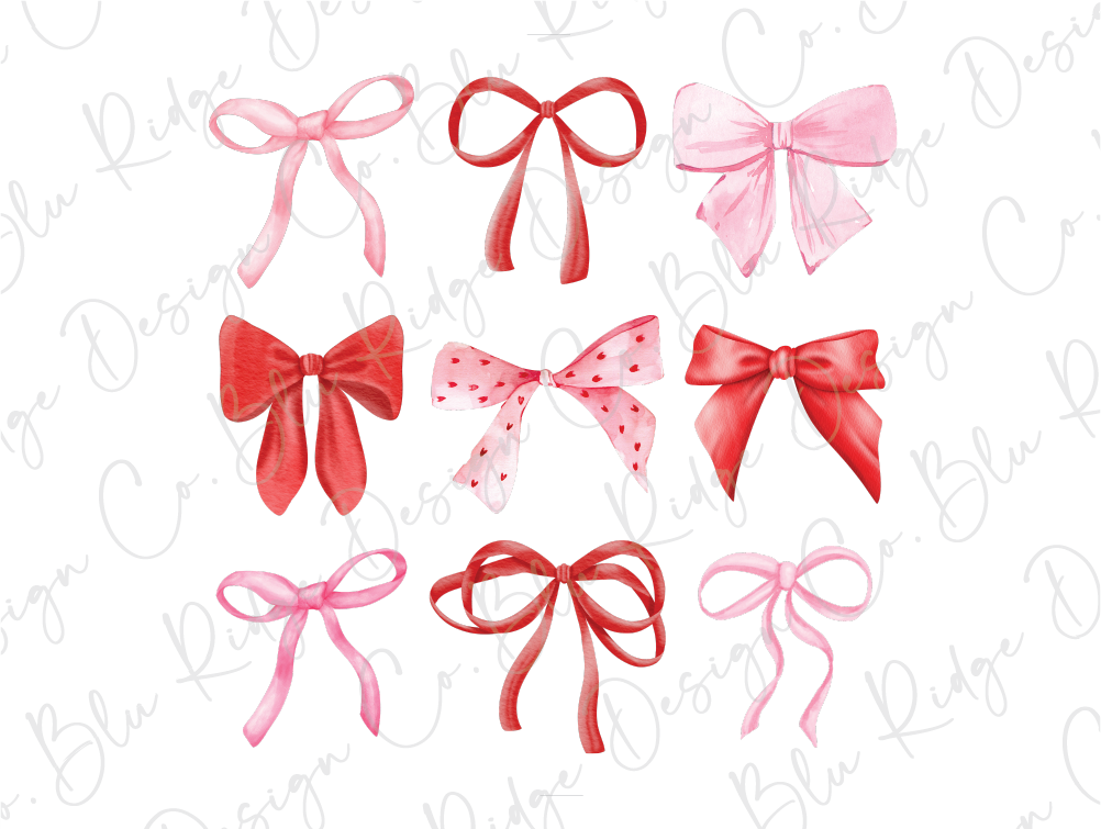 a set of six pink and red bows on a white background