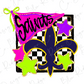 a vibrant and colorful design with a pink and purple flag, a purple and blue fleur-de-lis, and three green and yellow stars.