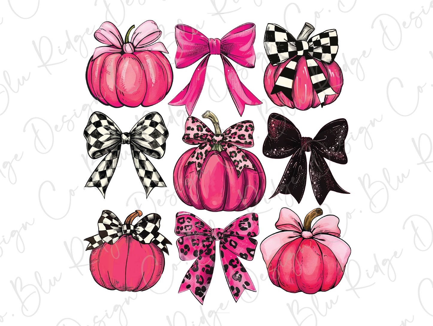 a set of pumpkins with bows and checkered bows