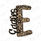 a stylized letter E with a leopard print pattern, resembling a cheetah or leopard design.
