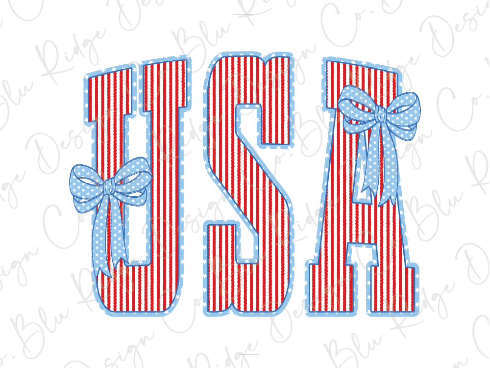 the word "USA" with red and white striped patterns and blue polka dots, along with two blue bows on either side of the letters.