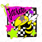 A colorful illustration of a bee wearing a jacket with the word "JACKETS" written on it, surrounded by stars and a checkered flag.