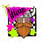a cartoon illustration of a Viking character with a beard, wearing a helmet and sunglasses, surrounded by stars and a banner with the word "Vikings".