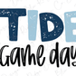 the words tide game day on a white background