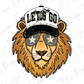 A stylized illustration of a lion wearing a baseball cap with the text "LET'S GO" and sunglasses with stars.